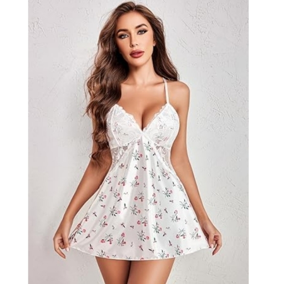 Avidlov Lingerie VNeck Nightwear Satin Lace Chemise Mini Teddy White Nighty - Picture 7 of 9